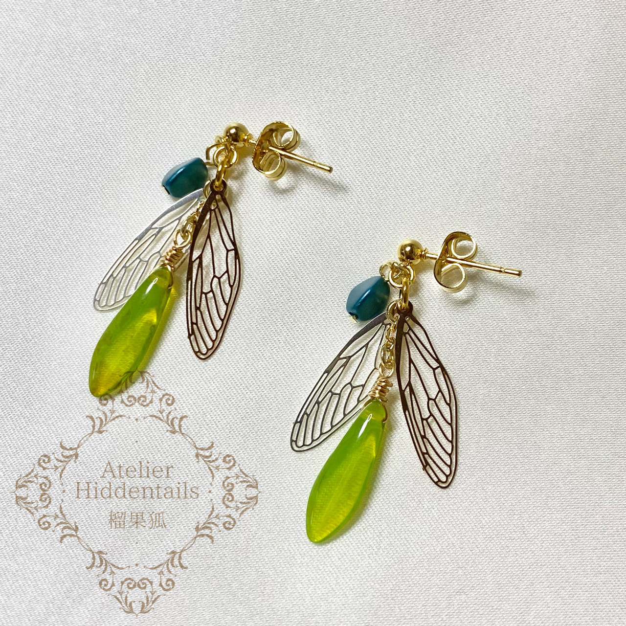 ハンドメイドアクセサリー 昆虫の羽のピアス：草色 by Atelier